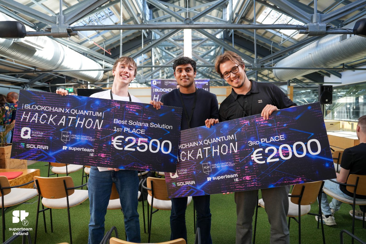 Cormac and team holding 1st place Best Solana Solution and 3rd place cheques at the Blockchain × Quantum Hackathon